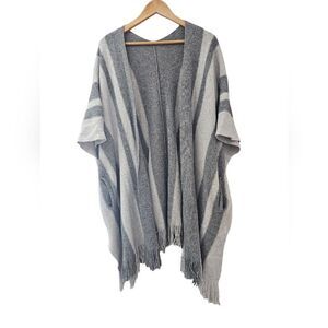 Wool Cotton Cashmere Blend Gray Striped Open Front Long Line Wrap Cozy Boho
